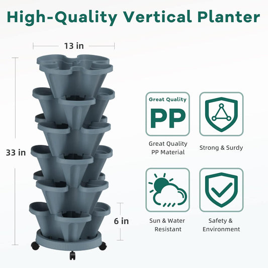 Strawberry Vertical Planter Tower Garden 2 Pack, 6 Tiered Stacking Planter with Support Pole, Stackable Herb Planter Indoor Outdoor Dark Grey