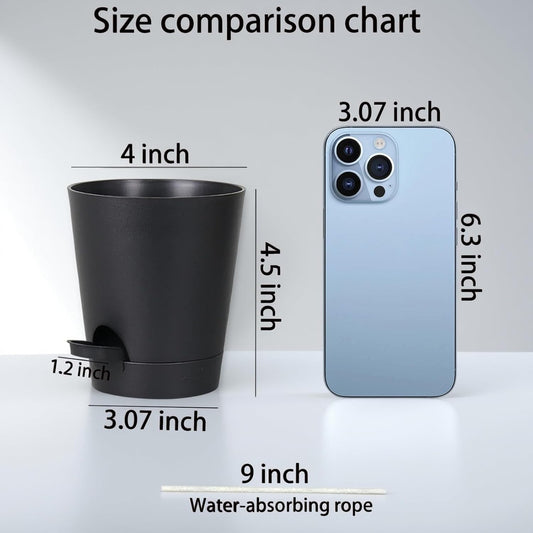 12 Pack 4 Inch Self Watering Plant Pots with Drainage and Saucers,Plastic Flower Pots for Indoor and Outdoor Plants, Nursery Planters for Houseplants and Herbs Black, 4 inch 12pcs