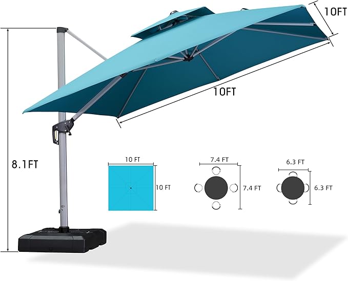PURPLE LEAF 10 FT Cantilever Patio Umbrellas with Base Included, Large Square Offset Umbrella with 360° Rotation, Outdoor Aluminum Pool Umbrella for Pool Lawn Garden, Turquoise Blue