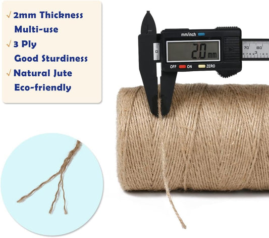 1100 Ft Natural Jute Twine String 2mm 3ply Thin Ribbon Hemp Twine for Craft Plant Gift Wrapping Christmas Handmade Arts Decoration Packing String Bulk (1100 Ft (330M))