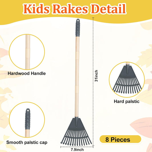 Therwen 8 Pcs Kids Rake 31" Child Size Plastic Lawn Rakes for Leaves Small Rake with Plastic Head and Wooden Handle Toddler Kid Gardening Tools for Leaves Gardening Camping(Dark Gray)