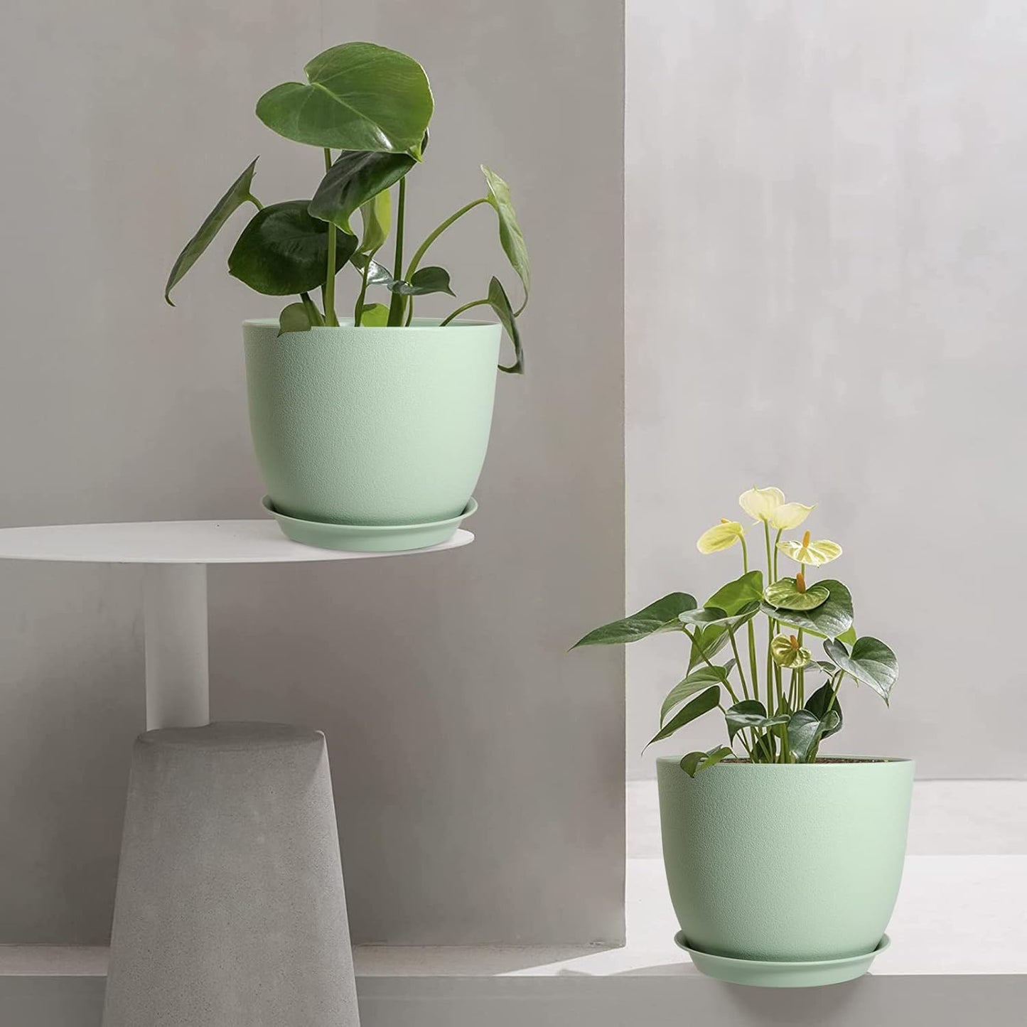 Modern Plant Pots Set, 9/8/7.5 inch Plastic Planters for Indoor Plants, Stylish Flower Pots with Drainage Holes and Saucers for House Plants and Flowers, Green