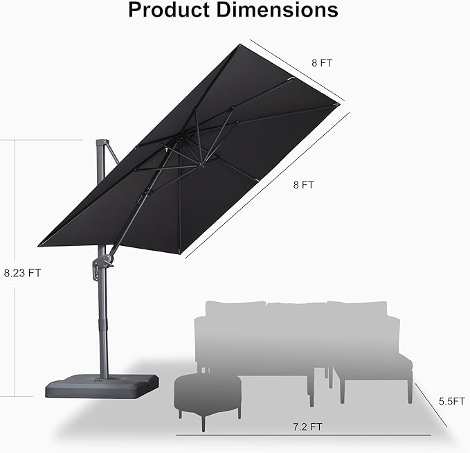PURPLE LEAF 8 FT Cantilever Patio Umbrella Outdoor Aluminum Offset Square Umbrella with 3 Years Fade Resistance Recycled Fabric and 360-degree Rotation for Deck Pool Garden, Graphite Grey