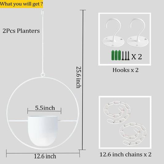 2 Pack Hanging Planters for Indoor Outdoor Plants Modern Metal Plant Hangers, Wall and Ceiling Hanging Plants Baskets Mid Century Minimalist Flower Pots Home Decor (White)