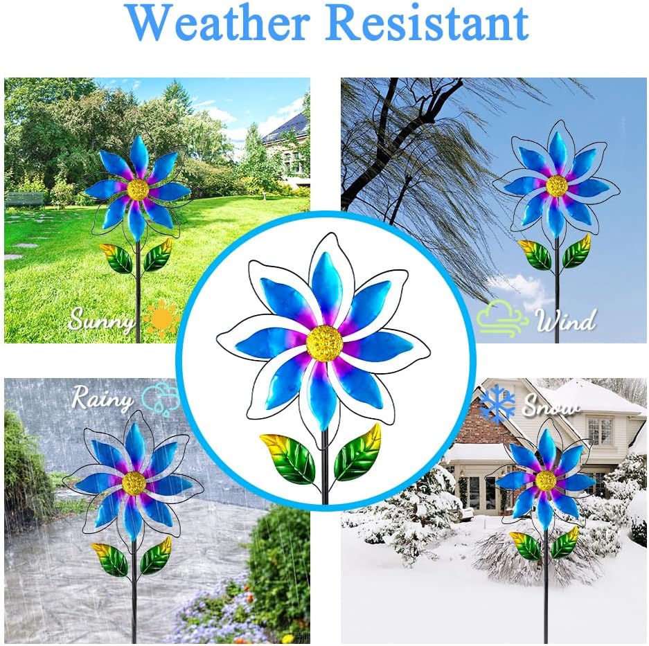14'' Wind Spinners Outdoor, Flower Metal Garden Wind Spinners Outdoor, Kinetic Wind Sculptures & Spinners for Yard Garden Lawn Decor (Blue)