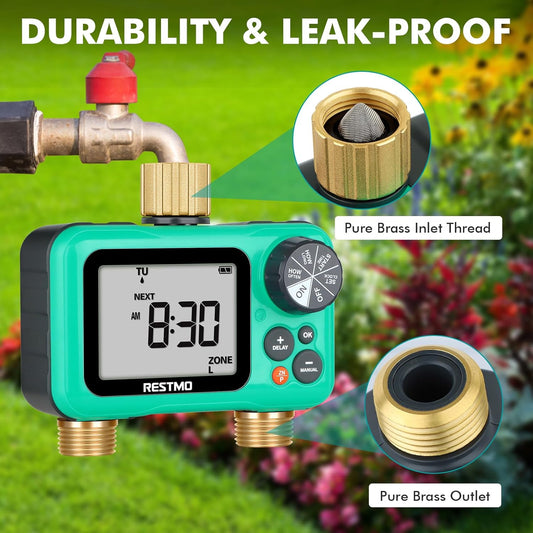 RESTMO Sprinkler Timer with Brass Inlet & Outlet, 3 Separate Programs Water Timer for Garden Hose, Manual/Rain Delay/Automatic Watering for Drip Irrigation and Lawn, 2 Outlet