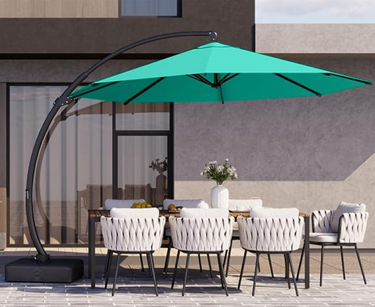 Kingdura 12ft Offset Cantilever Patio Umbrella with Base Included, Large Round Aluminum Outdoor Umbrella, 360° Rotation & Infinite Tilt, Heavy Duty Frame for Deck Pool Backyard, Turquoise blue