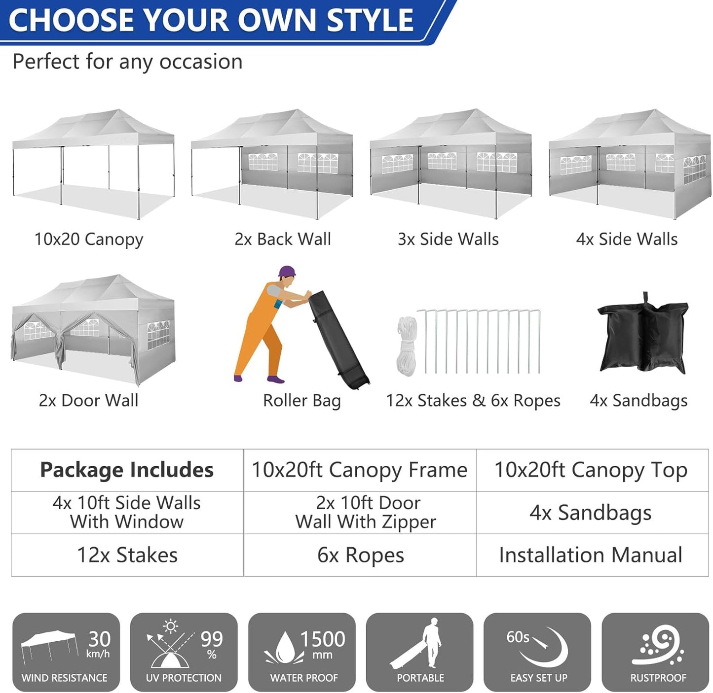COBIZI 10x20 Pop up Canopy Heavy Duty with 6 Sidewalls, Easy Set-up Commercial Outdoor Party, 100% Waterproof Wedding Canopy Gazebo, 3 Height Adjustable with Wheeled Bag,White
