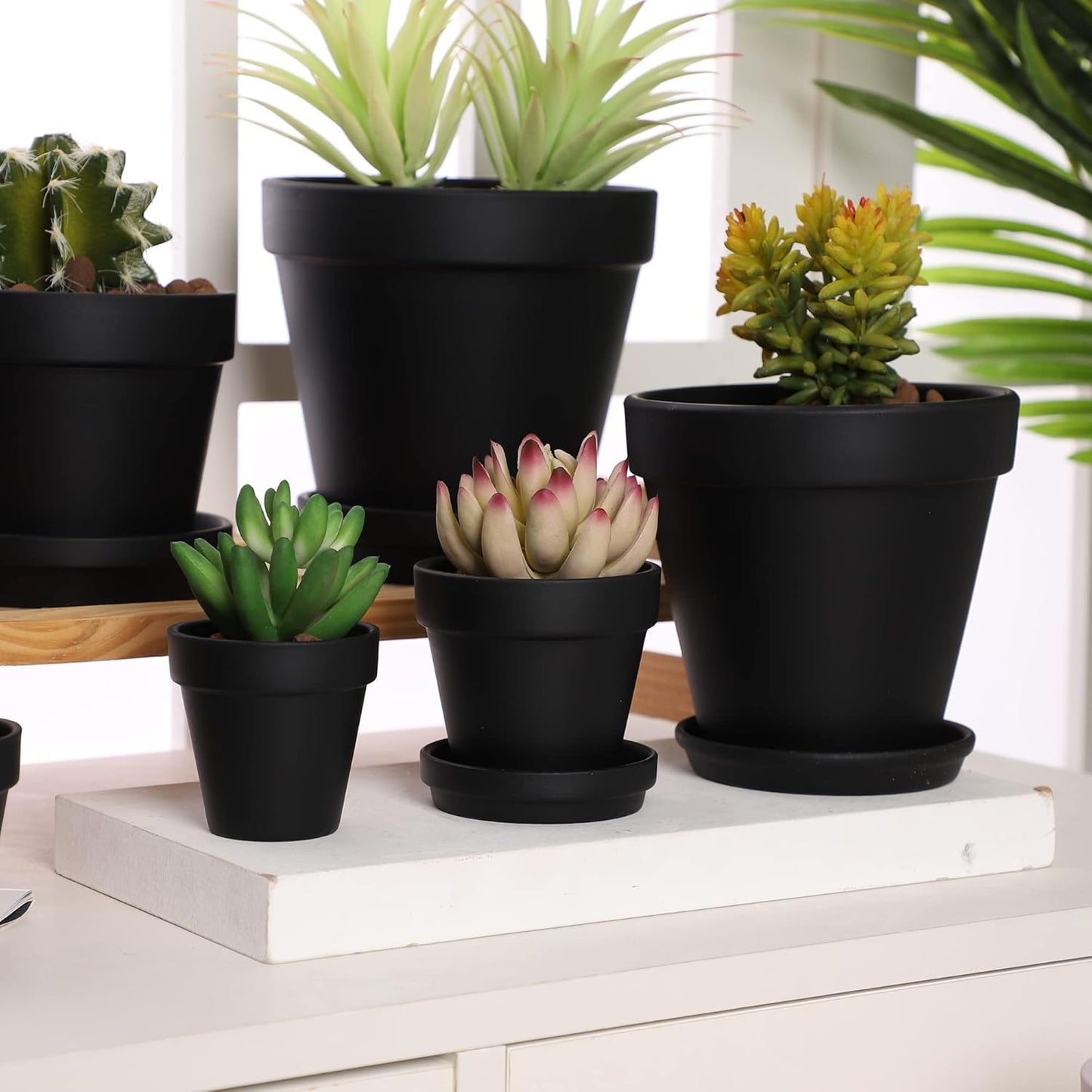 Yishang Large Terra Cotta Pots with Saucer-4 Pack Large 6'' Terra Cotta Plant Pot with Drainage Hole, Flower Pot with Tray, Terracotta Pot for Indoor Outdoor Plant(Black)