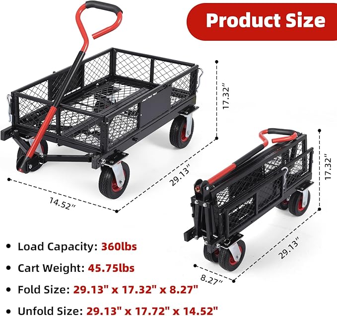 GarveeLife 360 LBS Foldable Steel Garden Cart, Yard & Garden Utility Wagon w Removable Mesh Sides, Collapsible Metal Utility Wagon Cart with 180° Rotating Handle for Garden, Farm, Yard