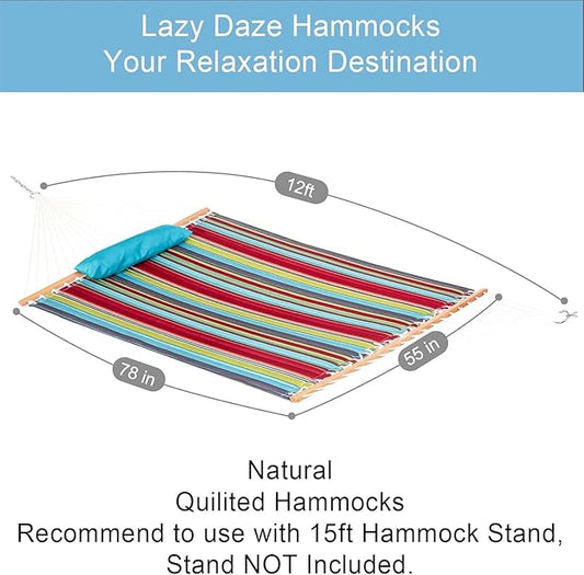 Lazy Daze Hammocks 12 FT Quilted Fabric Double Hammock with Spreader Bars and Detachable Pillow, 450lbs Weight Capacity