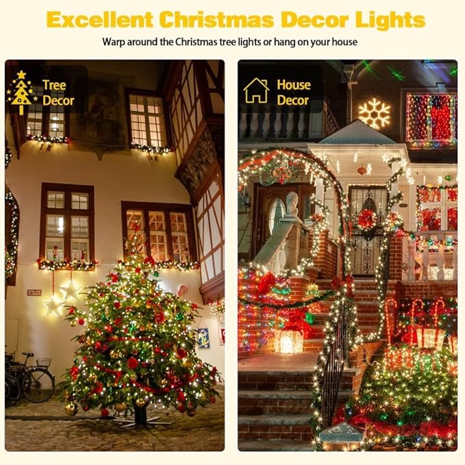 4 Pack 400 LED Solar String Lights for Outside, Solar Christmas Lights Outdoor with 8 Lighting Modes, Waterproof Green Wire Solar Powered Tree Light for Xmas Party Yard Garden Decorations (Warm White)