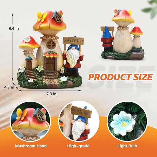 Json Solar Garden Statue Lights Mushroom Fairy House Figurine, Outdoor Memorial Garden Ornaments Waterproof Decoration for Outside Patio Yard Lawn Decor