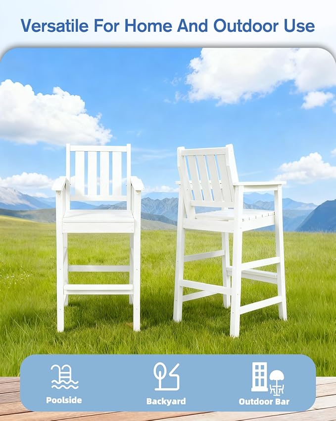 QUASCO 3-Piece Outdoor Adirondack Chairs and Table Sets, HDPE Adirondack Bar Height Chairs Set of 2 and Bar Table, All Weather Outdoor Bar Stools Set for Bistro, Balcony, Poolside, White