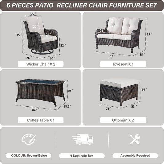 Wicker Outdoor Furniture Patio Furniture Set - 6 Piece Patio Conversation Set with Swivel Rocker Chairs, Loveseat Sofa, Ottomans and Coffee Table, Beige Cushion