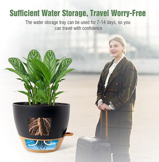 WOUSIWER 10 inch Self Watering Planters, 2 Pack Large Plastic Plant Pots with Deep Reservior and High Drainage Holes for Indoor Outdoor Plants and Flowers, Black with Terracotta