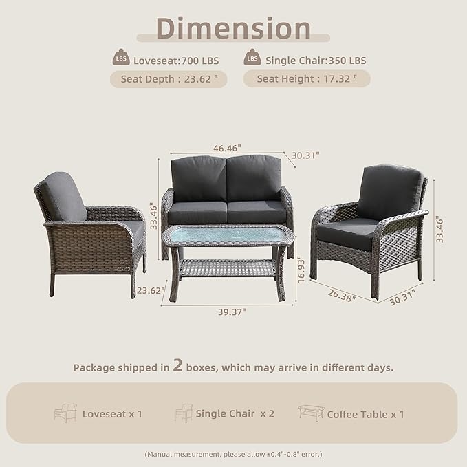 4-Piece Wicker Patio Furniture Set, All-Weather Rattan Conversation Bistro Loveseat Chair and Table Set for Backyard, Balcony and Deck with Soft Cushions and Metal Table(Black)