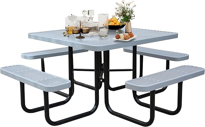 46" Square Picnic Table W/Benches,Heavy Duty Metal Picnic Table Set with 2in Umbrella Hole, 1600 lb Capacity,Commercial Dining Table Furniture for Yard Patio Lawn Party Coffee Shop