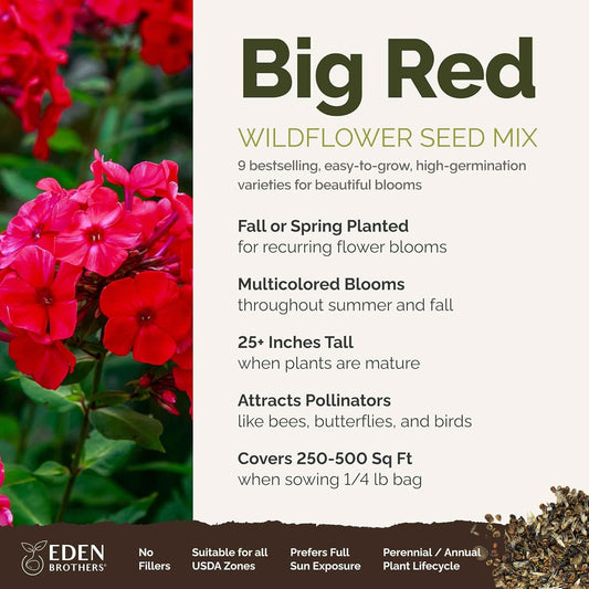 Eden Brothers Big Red Flower Mixed Seeds for Planting, 1/4 lb, 120,000+ Seeds with Painted Daisy Flame, Zinnia, Red Phlox | Attracts Pollinators, Plant in Spring or Fall, Zones 3, 4, 5, 6, 7, 8, 9, 10