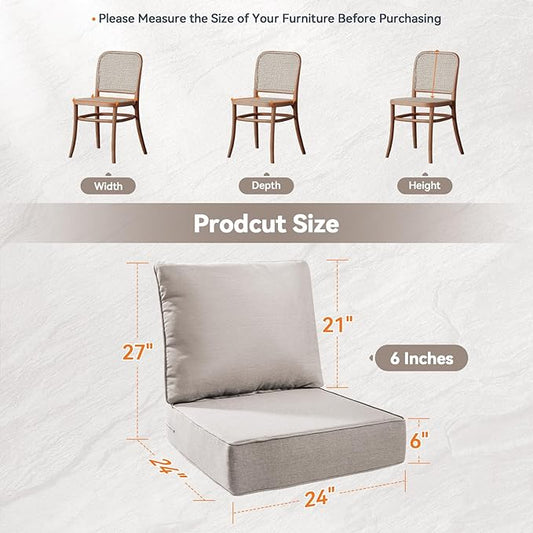 Luxury 6" Outdoor Cushions for Patio Furniture, 24x24x6" Thick Seat Cushion Set of 5, Fade Resistant Couch Chair Replacement Cushions High Density Deep Wicker Chair Cushion w/ Removable Cover, Beige