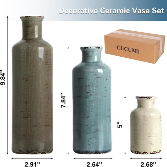 CUCUMI Ceramic Flower Vases Set of 3, Rustic Coastal Home Decor for Farmhouse Shelves, Ocean Beach Style, Mantle, Fireplace, Coffee Table, Shelf for Living Room