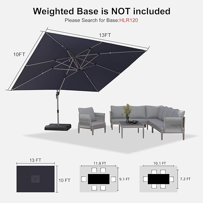 PURPLE LEAF 10' X 13' Patio Umbrella, Rectangle Outdoor Cantilever Umbrella, Aluminum Offset Umbrella with Champagne Frame and 360° Rotation for Pool Deck Garden, Grey