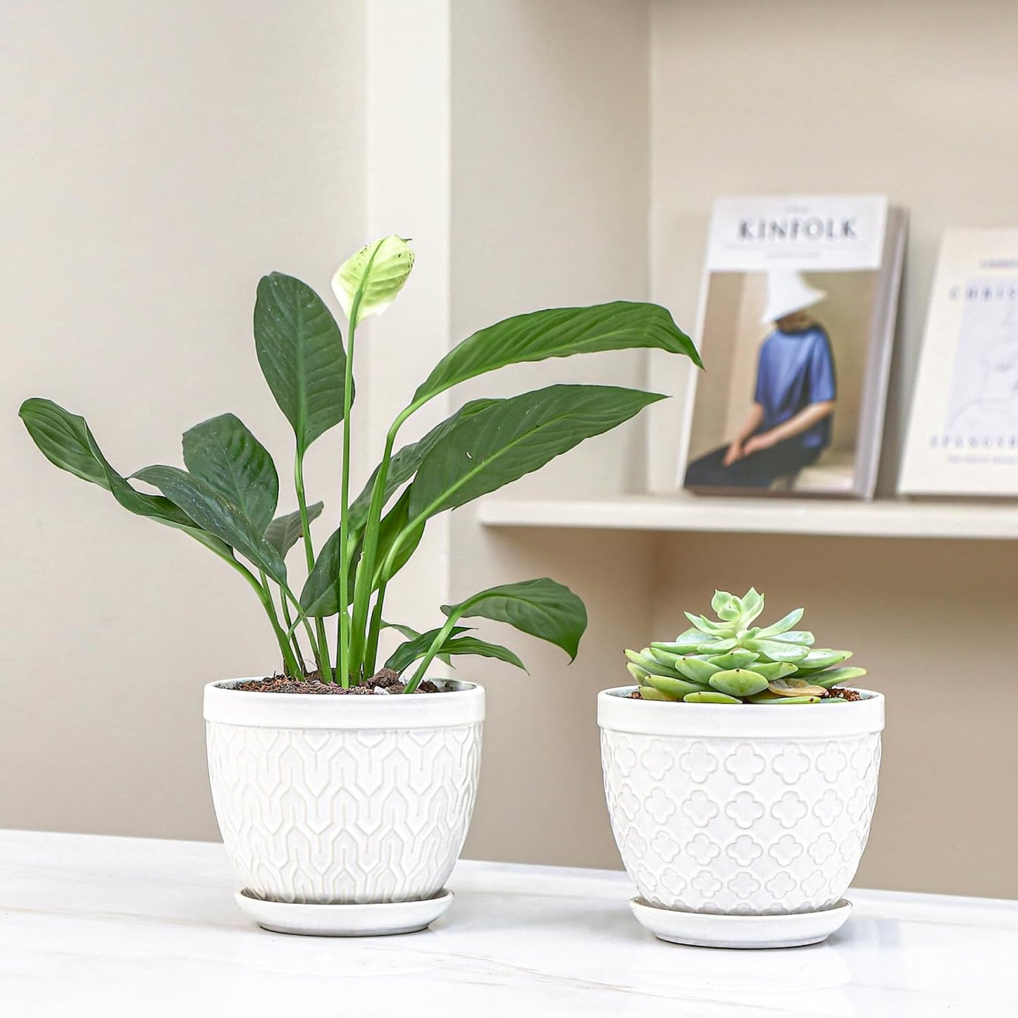 Sureasy Ceramic Indoor Plant Pots - 5.6 Inch Flower Pots for Plants with Drainage Hole and Saucer, Embossed Planter for Succulents, Orchid, Cactus, Indoor Home Decor, Set of 4, White