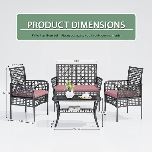 4-Piece Patio Furniture Set, Weather-Resistant Rattan Patio Conversation Set with Two-Tier Coffee Table, Upholstered Openwork Wicker Furniture for Porch, Garden, Lawn, Red