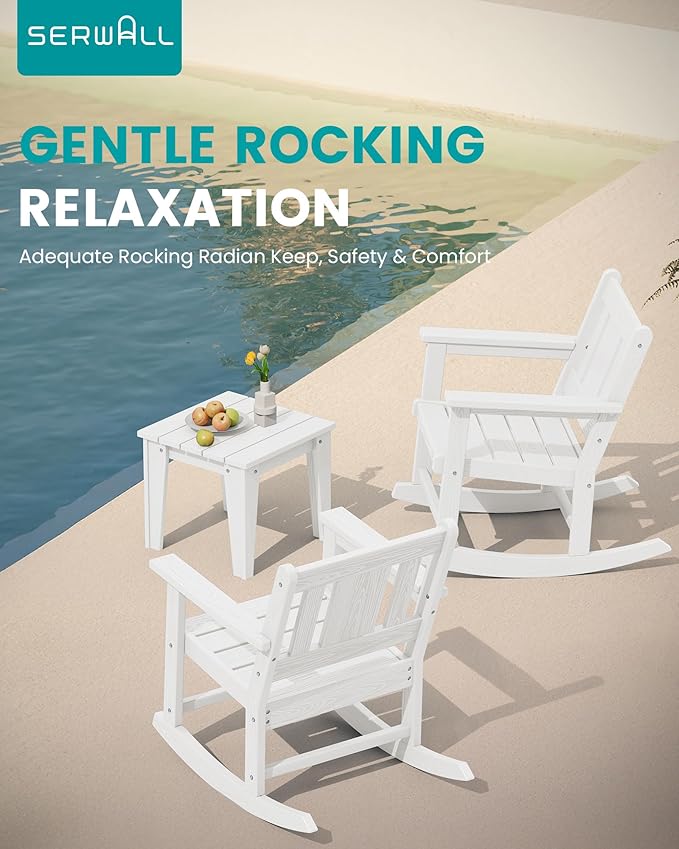 SERWALL Outdoor Rocking Bistro Set, HDPE Patio Furniture Set, Porch Rocking Chair Set with Table for Backyard, Balcony, and Garden- White