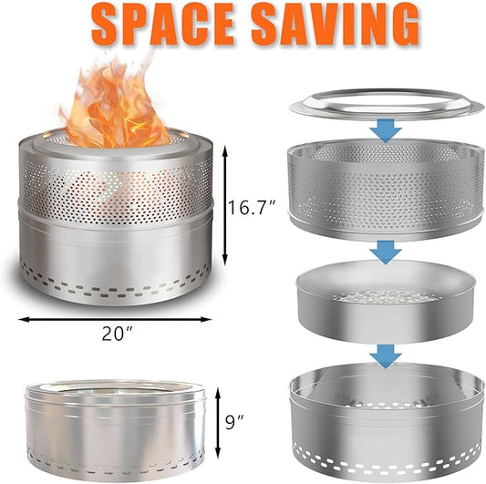 Smokeless Fire Pits for Outside, 20''Portable FirePits for Camping, Outdoor Stainless Steel FirePit with Carry Bag, Wood Burning Stove,Sliver