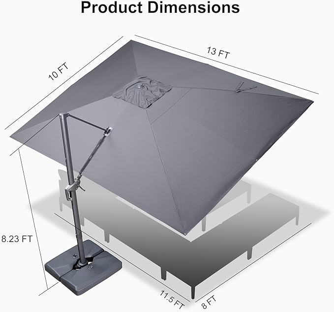 PURPLE LEAF 9' X 11.5' Rectangle Cantilever Umbrella with Base Outdoor Large Aluminum Patio Umbrella with 3-Year Fade Resistance Recycled Fabric and 360-degree Rotation for Deck Garden, Graphite Grey