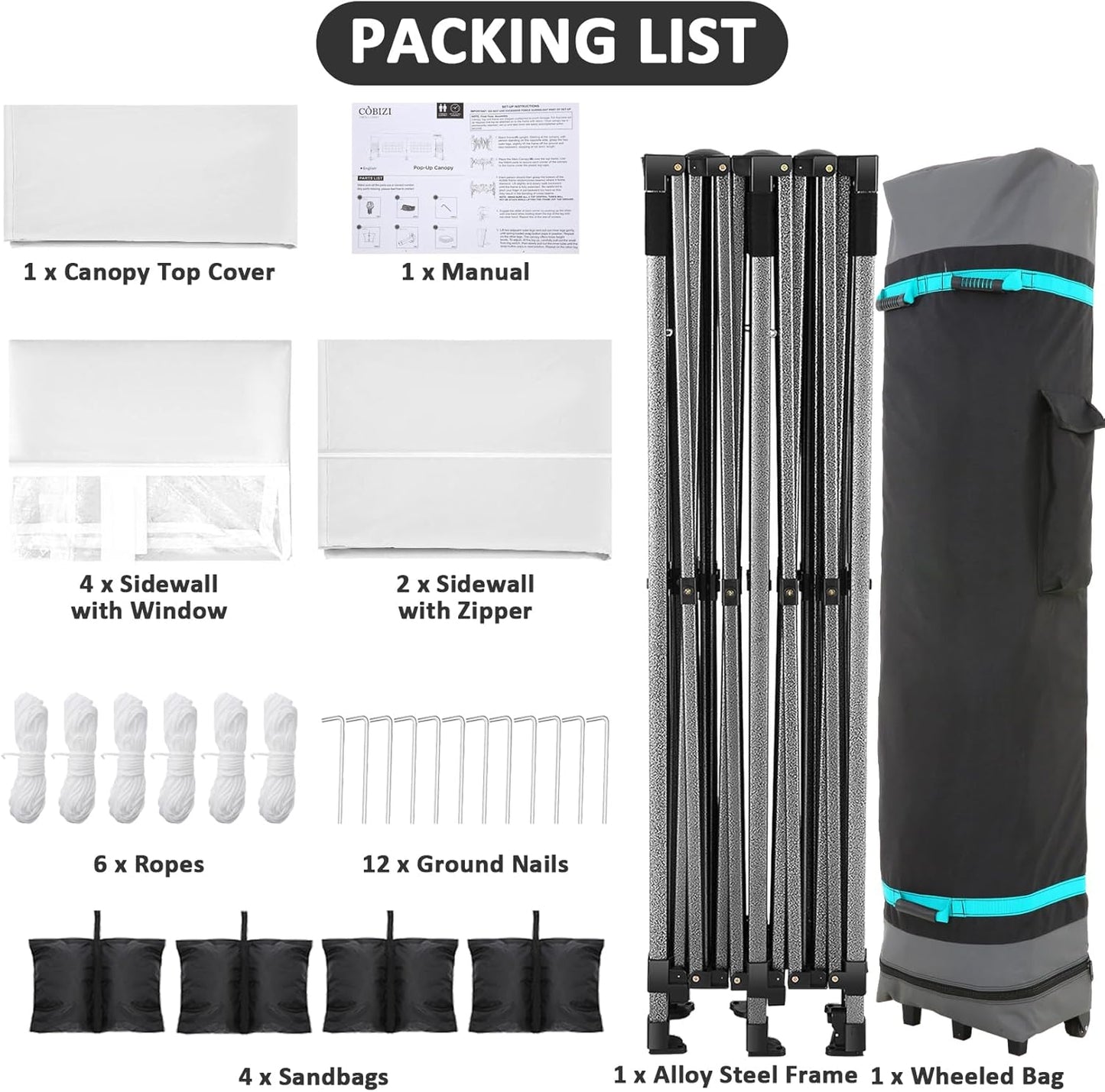 COBIZI 10x20 Pop Up Canopy with 6 Sidewall,Heavy Duty Canopy UPF 50+ All Season Wind Waterproof Commercial Outdoor Wedding Party Tents for Parties Canopy Gazebo with Roller Bag(10 x 20 ft White)