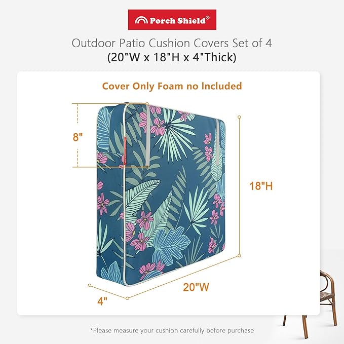 Porch Shield Outdoor Cushion Slipcovers Patio Chair Seat Cushion Covers Set 4 Waterproof Fade Resistant 20 x 18 x 4 inch, Palm Leaf