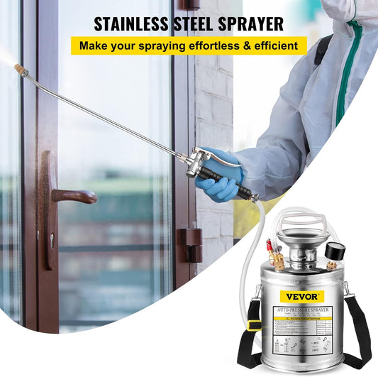 Happybuy 1 Gallon Stainless Steel Pump Sprayer, 12" Wand & 3FT Reinforced Hose, Pressure Gauge, Safety Valve & Adjustable Nozzle, Garden Weed Sprayer for Lawn, Gardening, Sanitizing
