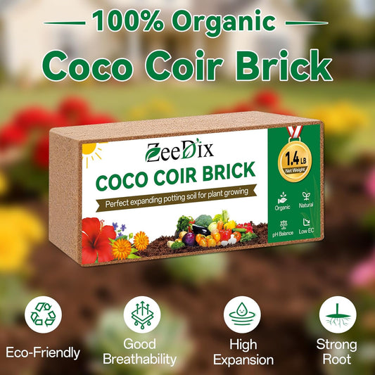 ZeeDix 2 Pcs Coco Coir Brick for Plants- 100% Organic Coconut Coir for Garden Soil & Potting Mix, Low EC and pH Balance, Compressed Coconut Husk Fiber for Seed Starter Soil for Indoor Outdoor Plants