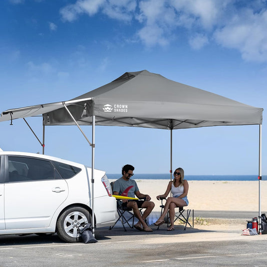 CROWN SHADES 10x10 Pop up Canopy Tent, Instant Commercial Canopy with Extend Awning, Patended Centerlock, 150D Silver Coated Fabric, 4 Ropes, 8 Stakes, 4 Weight Bags, STO 'N Go Bag, Grey