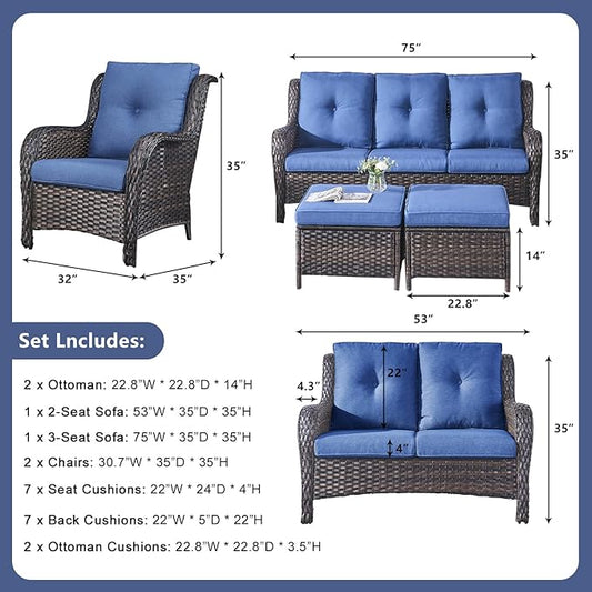Rilyson Wicker Patio Furniture Set - 6 Piece Rattan Outdoor Sectional Conversation Sets with 1 Sofa,1 Loveseat,2 Armrest Chairs and 2 Ottomans for Porch Deck Garden(Brown/Blue)