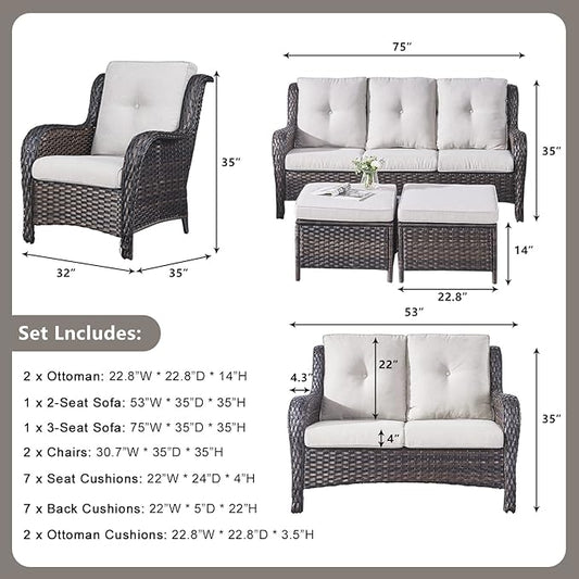 Rilyson Wicker Patio Furniture Set - 6 Piece Rattan Outdoor Sectional Conversation Sets with 1 Sofa,1 Loveseat,2 Armrest Chairs and 2 Ottomans for Porch Deck Garden(Brown/Beige)