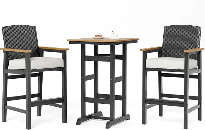 Outdoor Bar Set 3 Piece, All Weather HDPE High Top Table and Wicker Bar Chairs with 3.2” Cushion, Bar Height Patio Set for Backyard Poolside, Black