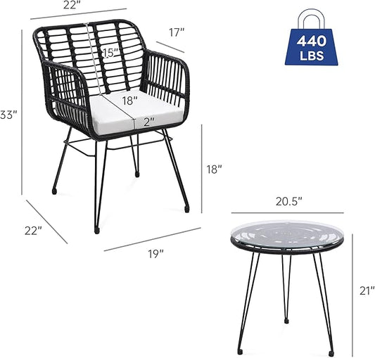 3 Piece Wicker Patio Bistro Furniture Set, Includes 2 Rattan Chairs and Glass Top Table, Ideal for Porch, Outdoor, Backyard, Apartment, Balcony, Black