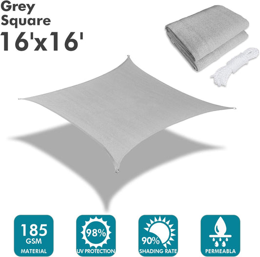 KANAGAWA Sun Shade Sail 16'x16' Gray Rectangle UV Block Canopy Cover for Patio Backyard Lawn Garden Outdoor Activities