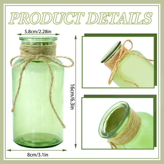 Vintage Glass Flower Vase,6 Pack Green Farmhouse Glass Centerpiece Vases Mason Jars for Weddings, Parties & Home Decor Bulk (6,Green)