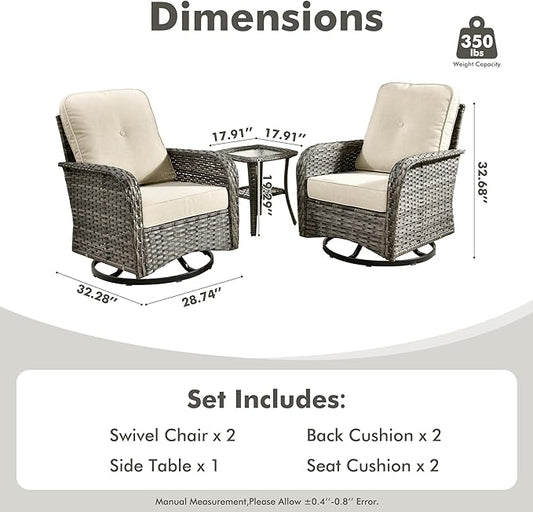 3-Piece Swivel Rocking Rattan Chair Outdoor, Patio Bistro Furniture Conversation Set, Wicker Chair with Coffee Table Beige