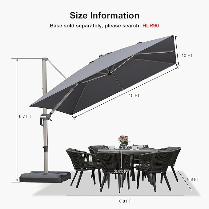 PURPLE LEAF 10' X 10' Patio Umbrella Outdoor Cantilever Umbrella, Aluminum Offset Umbrella with Champagne Frame and 360° Rotation for Pool Deck Garden, Light Grey
