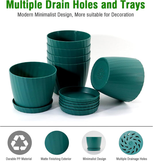 6 Inch Plant Pots Bulk, 6 Pack Plastic Planters with Drainage Holes and Saucers for Indoor Outdoor House Plants and Flowers, Green