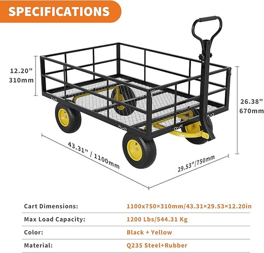 1400LB Capacity Garden Cart, 3-in-1 Heavy Duty Utility Wagon with 13" All-Terrain Tires, Removable Mesh Sides & 180° Swivel Handle - Outdoor Yard Cart for Gardening, Farming, Patio Use