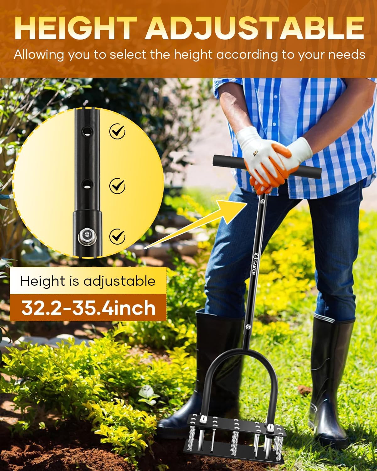 Saker Lawn Aerator Tool, Lawn Aerator with 15 Iron Spikes, Automatic Leaf and Dirt Cleaning with Spring-Loaded Design, Metal Manual Aerator for Loosening Soil Aerating Patio, Yard, Garden Black