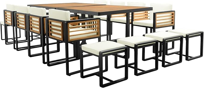 Merax 18 Pieces Outdoor Dining Set for 16 People, Acacia Wood Patio Furniture Sets with 2 Square Tables, 8 Cushioned Chairs and 8 Ottomans for Backyard, Garden, Lawn, Poolside, Beige