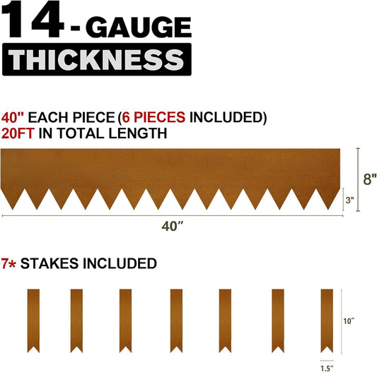 KOL Corten Steel Pre-Rusted Garden Lawn Edging - 6-Pack Bendable Metal Landscape Edging Strips - Heavy Duty Hammer-in Cor-Ten Rust Border with 7 Clips - 14-Gauge - 40" L x 8" H (20FT Total Length)