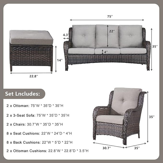 Rilyson Wicker Patio Furniture Set - 6 Piece Rattan Outdoor Sectional Conversation Sets with 2 Sofa,2 Armrest Chairs and 2 Ottomans for Porch Deck Garden(Brown/Grey)